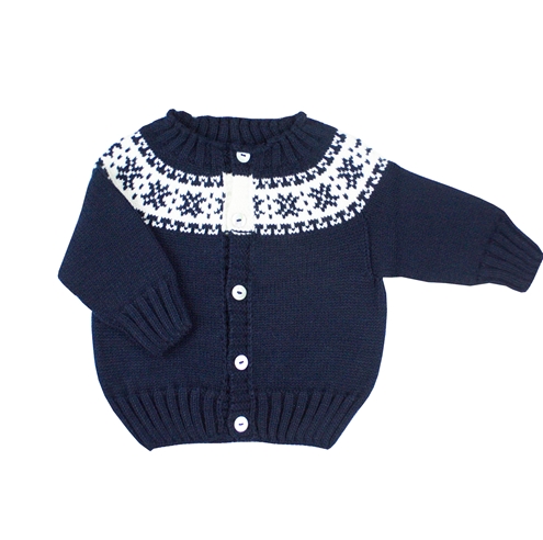 Navy blue knit cardigan white fretwork