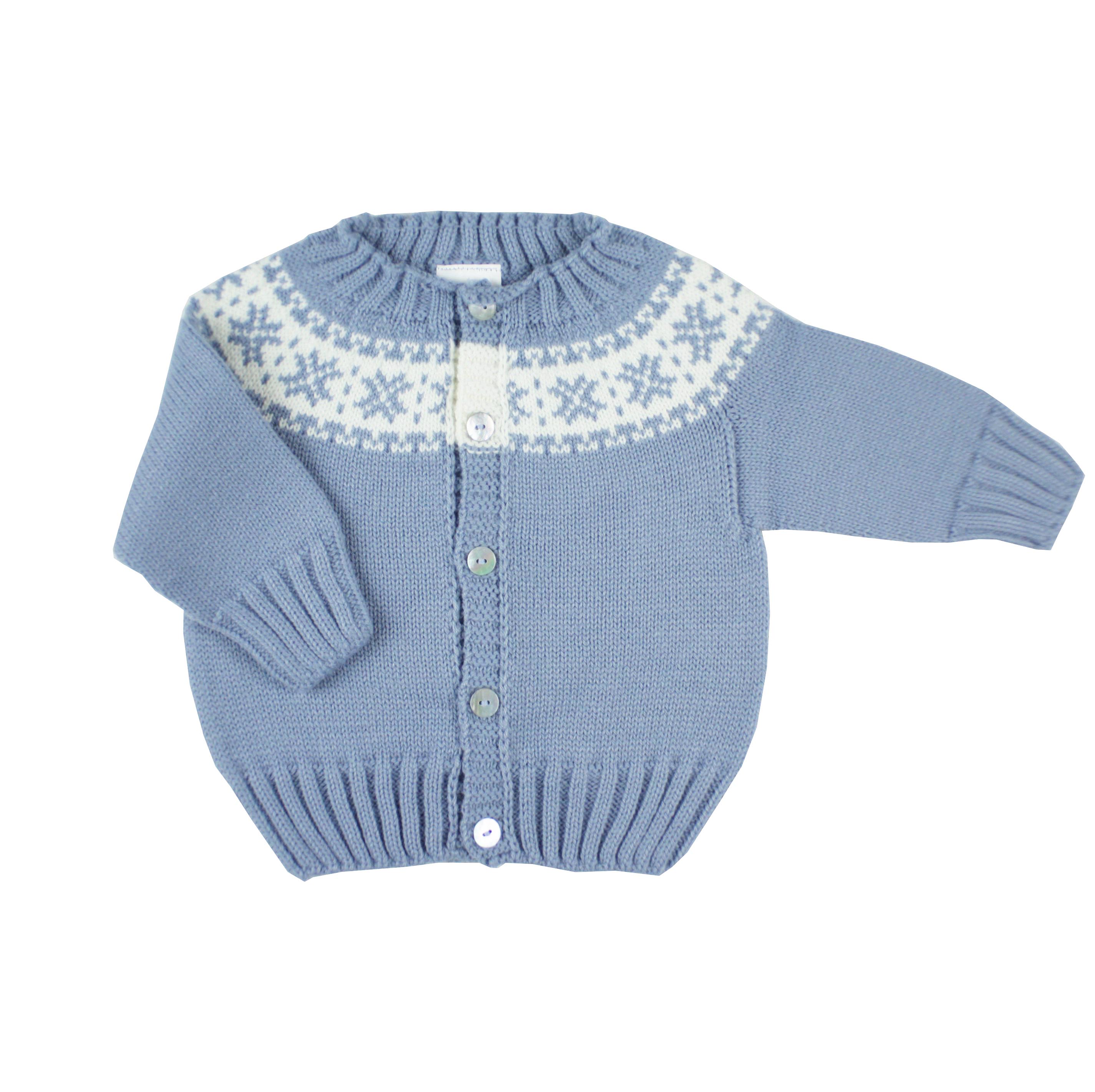 chaqueta de punto azulón greca blanca