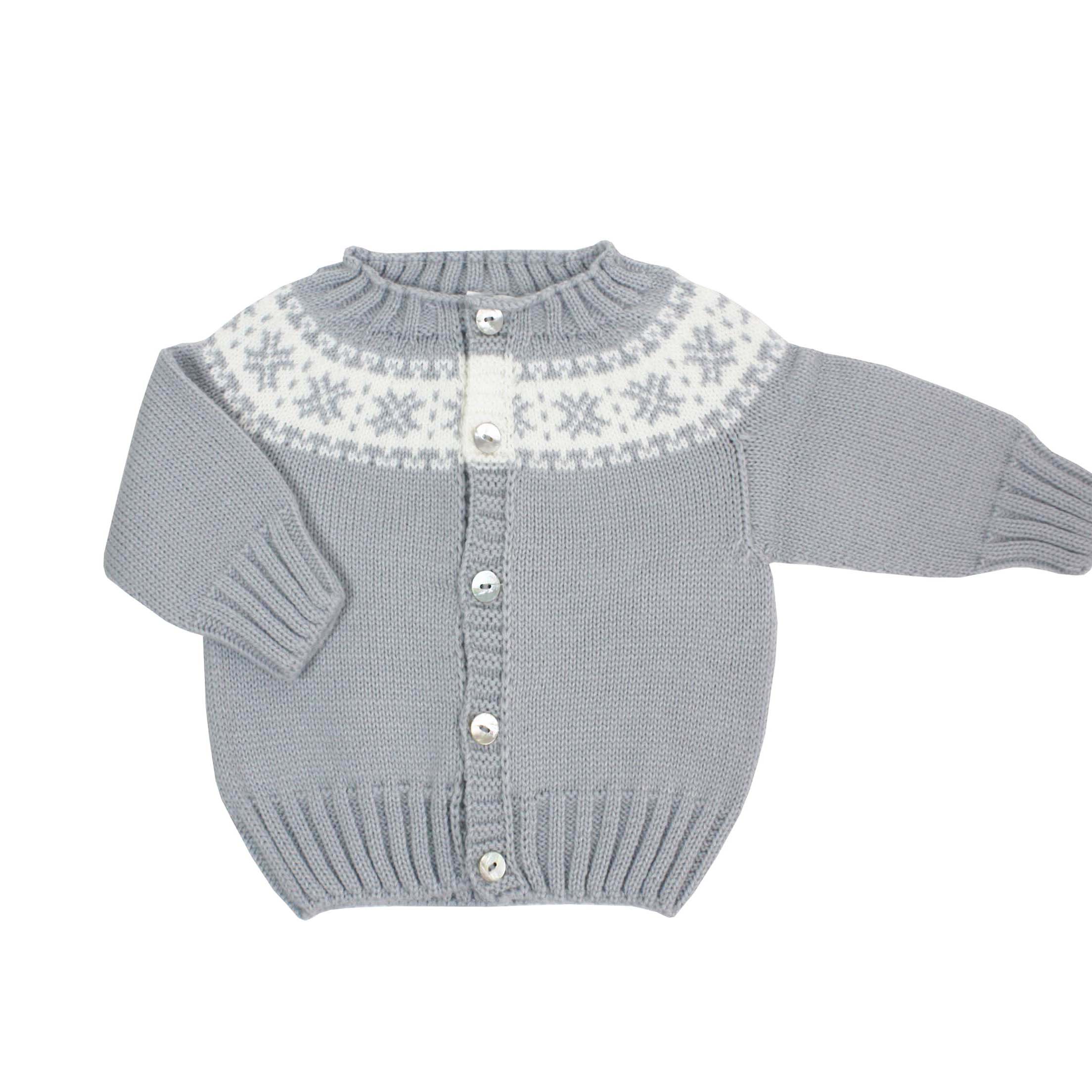 chaqueta punto gris greca blanca