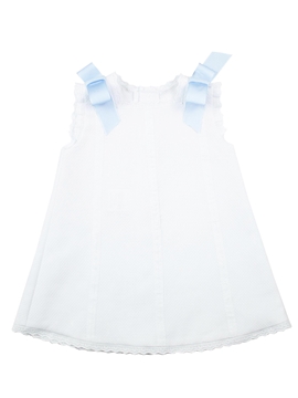 Baby’s Dress in white piqué fabric and blue bows