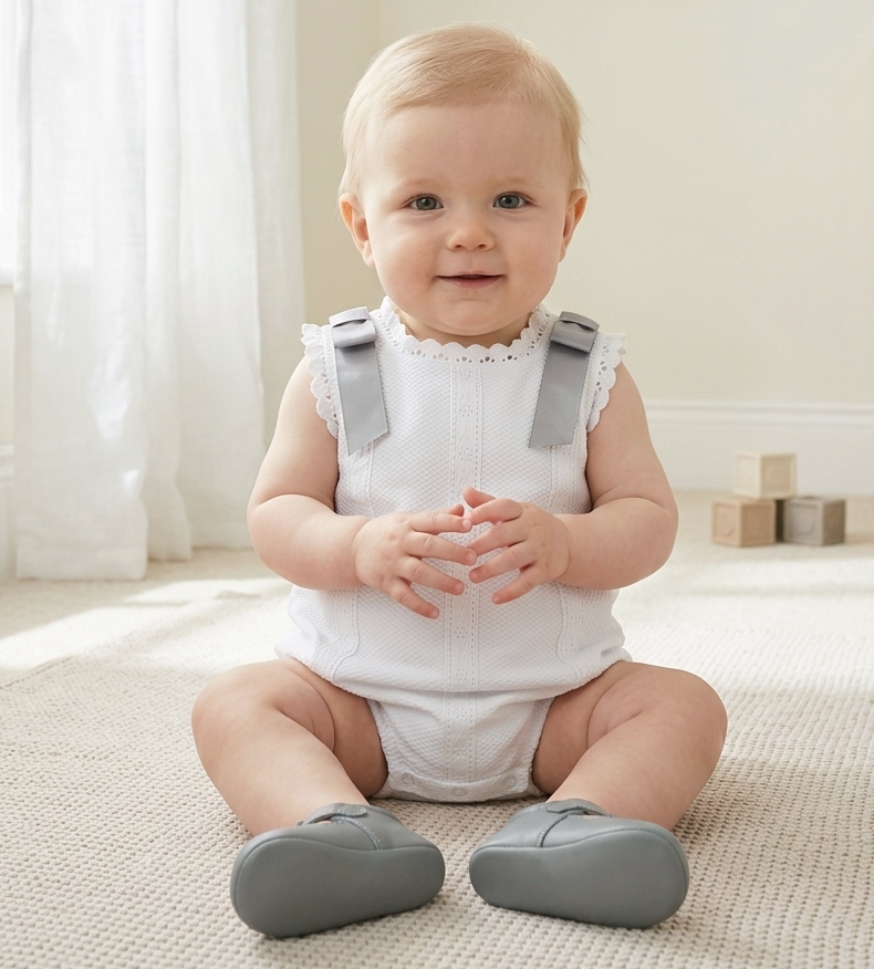 Piqué fabric romper with grey bows