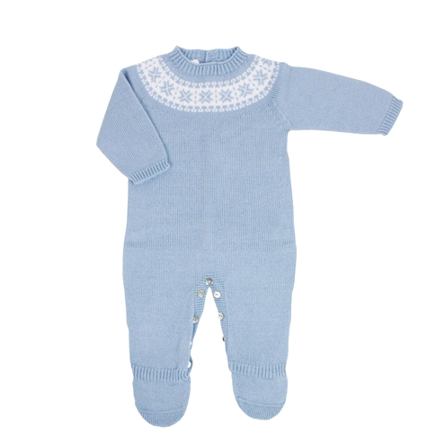 Pelele de punto azul con greca blanca