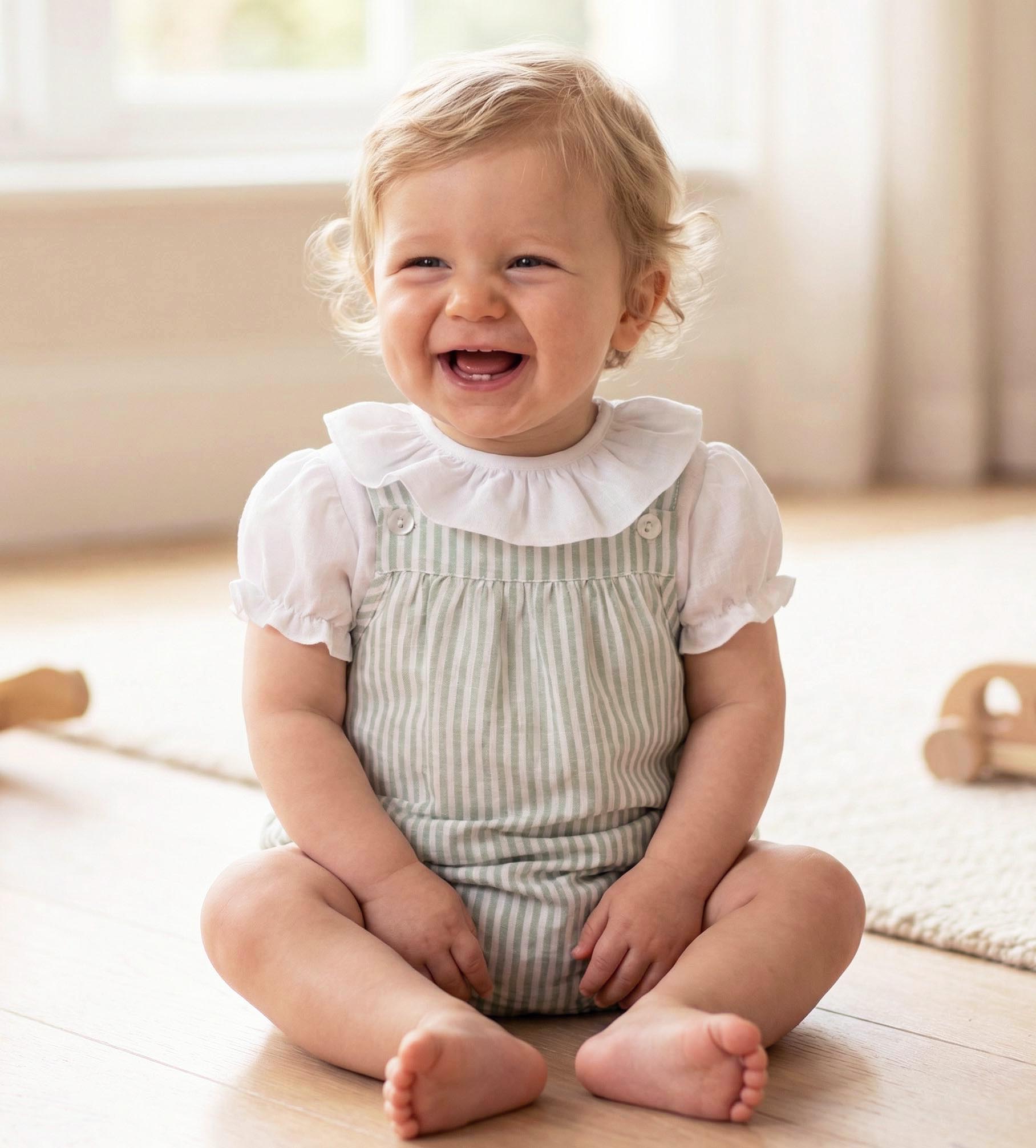 linen green striper romper for baby