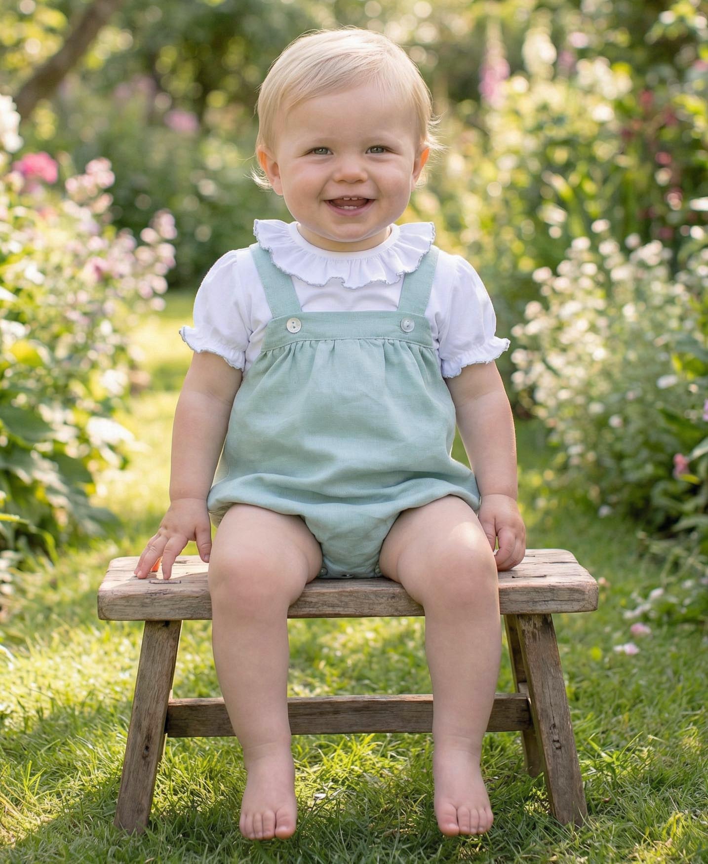 baby romper braces linen green